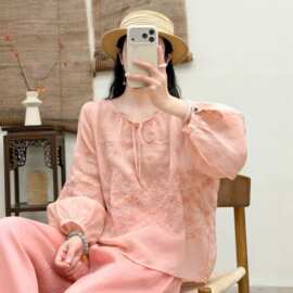 苎麻刺绣长袖T恤衫女 秋款百搭宽松苎麻女装纯色圆领系带套头衬衣