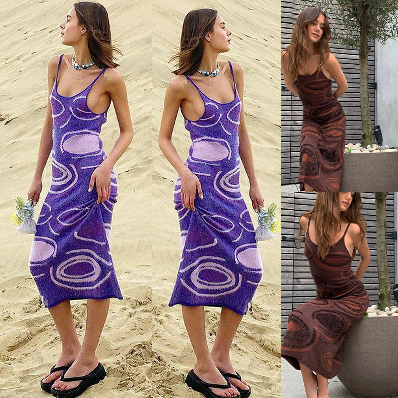 Amazon Women's Dress Corrugated Spiral Wool Dress Backless Hollow Strap Hip Dress SU2496