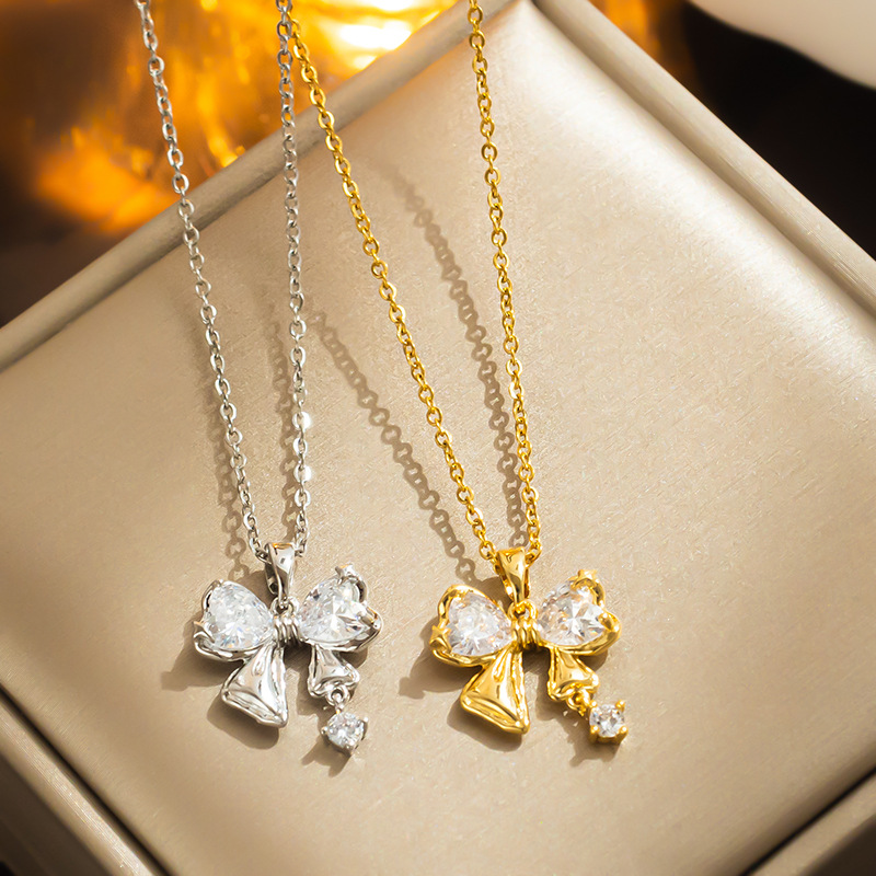 cable chain Chain Type 1 Piece Quantity Daily, Street Occasion 316 Stainless Steel Material PVD Coated Real Gold Plated Bow Knot Stainless Steel Cute Shiny Waterproof Non Tarnish Pendant Necklace