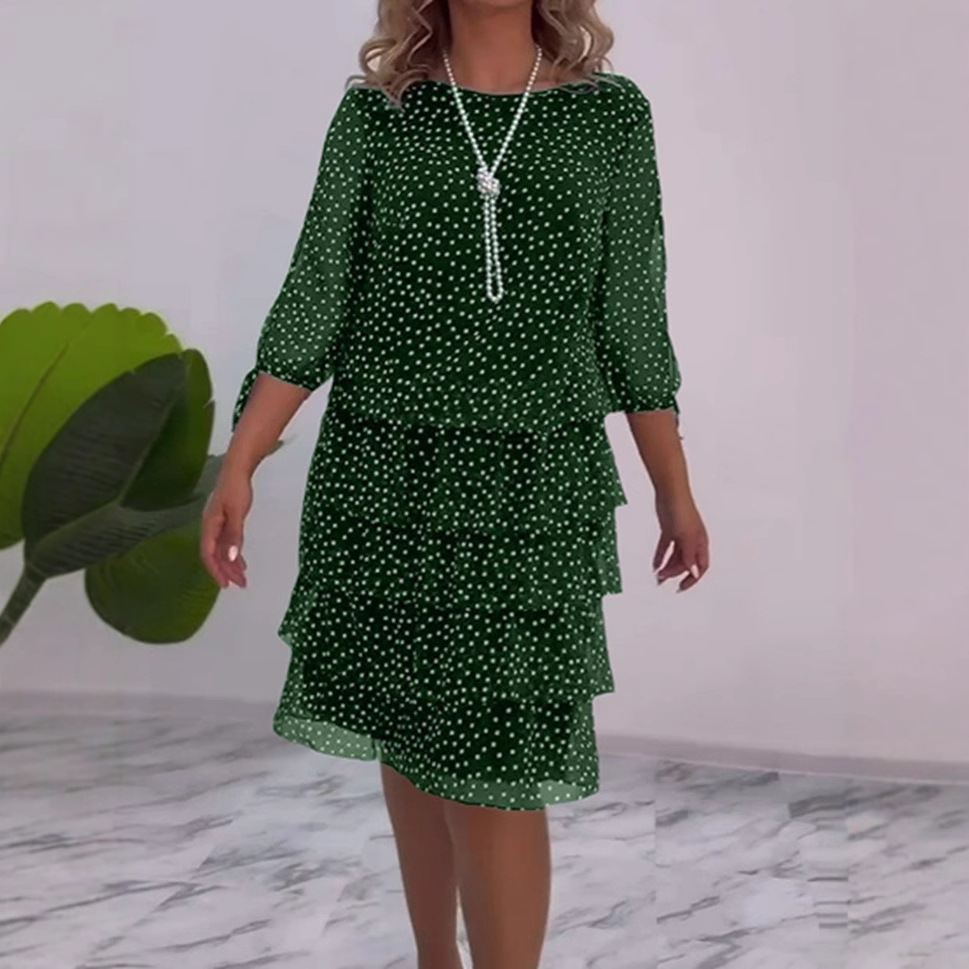 Women's Clothing Elegant Polka Dot Chiffon Midi Dress For Women Round Neck Three Quarter Sleeve Tie Waist Fashionable Cake Style_voghion.com