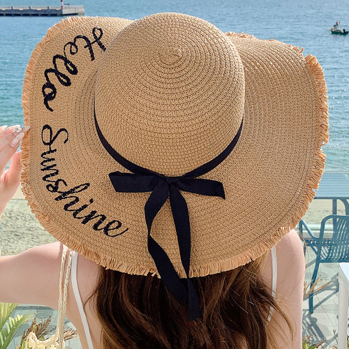 Summer large-brimmed embroidered sunscreen straw hat for women, fashionable simple letter bow ribbon sun hat, sweet sun hat