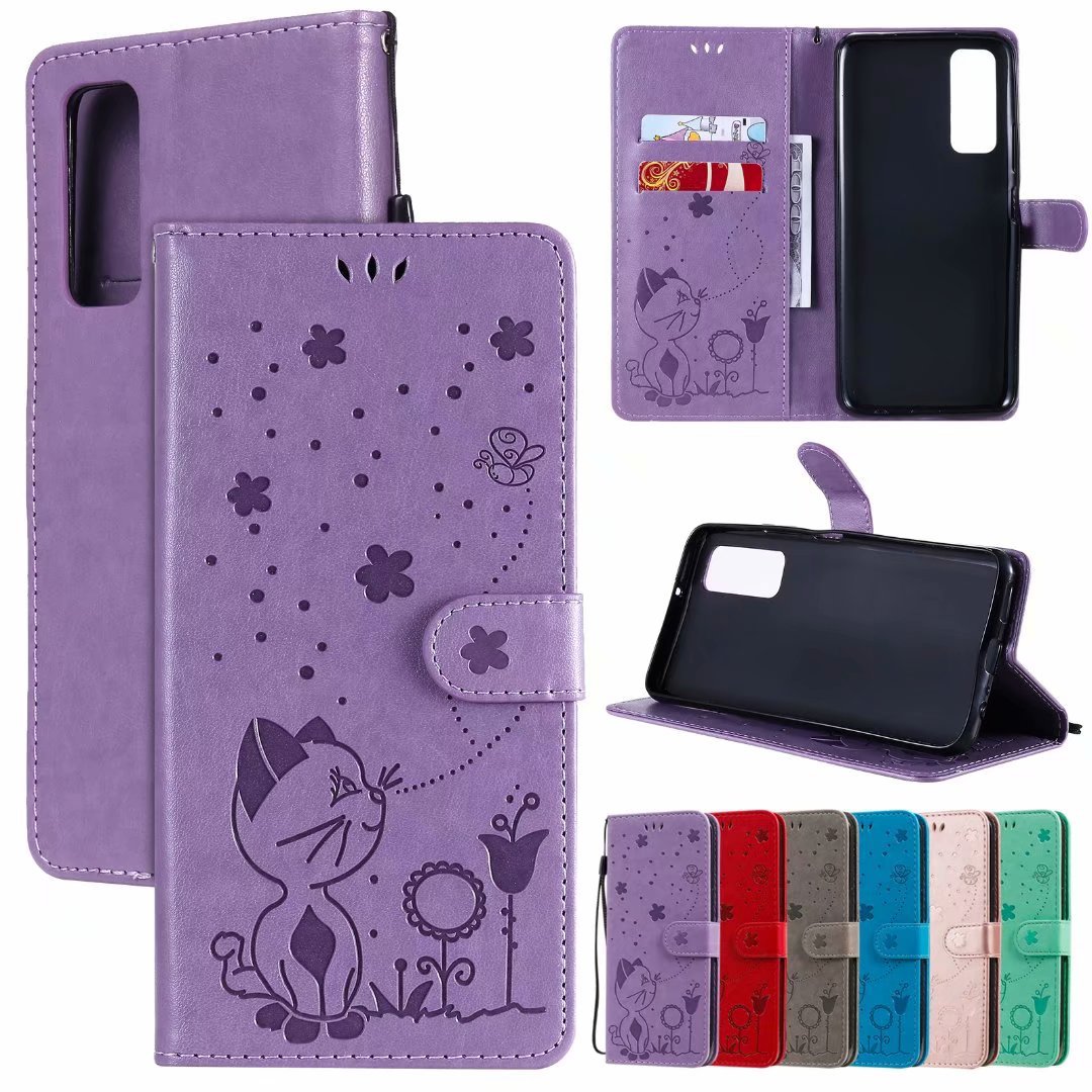 For Huawei P50 embossed cat and bee mobile phone leather case Y7P embossed card holder honor 50 protective case Psmart