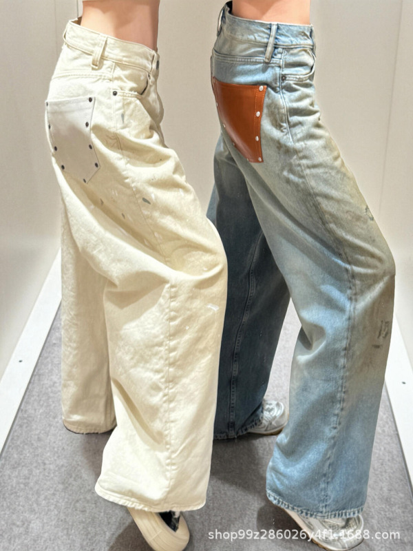 Nanyou 品質 25SS レトロなダメージ加工レザーポケットステッチリベットルーズワイドレッグダーティージーンズカップルスタイル|undefined