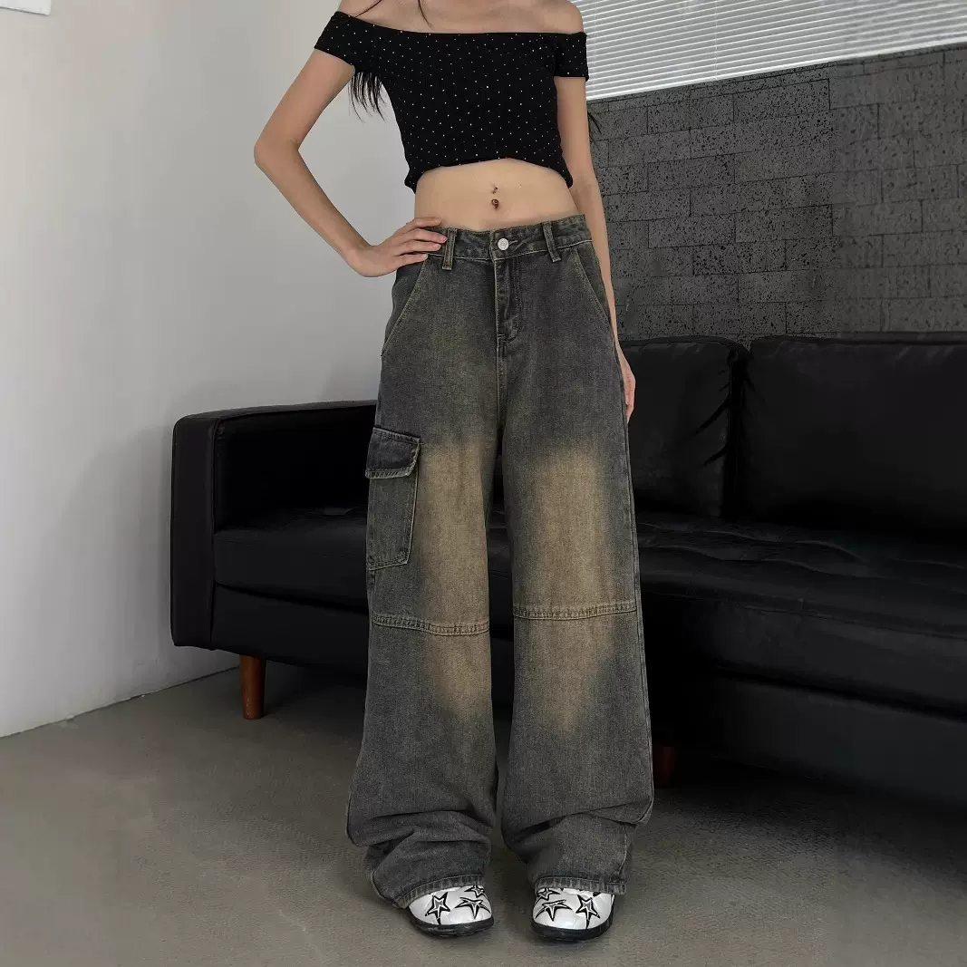 亚马逊欧美风跨境美式复古工装牛仔裤女开春新款高腰宽松百搭长裤