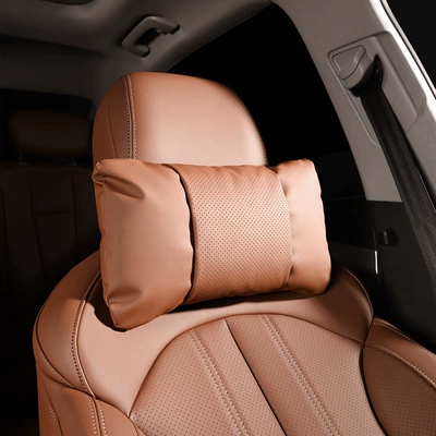 Waist support — for Tesla Model Y headrest - 1-piece-headrest-ochre-brown-nappa-leather-for-comfort-and-stress-relief