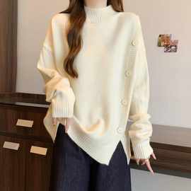 大码半高领打底毛衣女秋冬胖mm套头显瘦宽松慵懒风开叉针织衫上衣