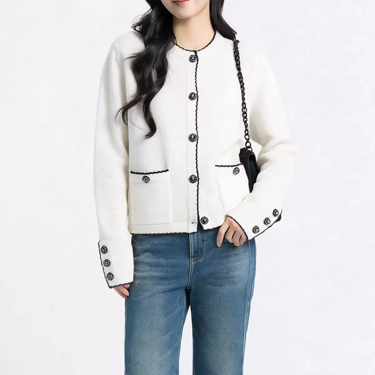 【小批量定制】撞色描边羊毛开衫开衫女装长袖东莞大朗高端生产