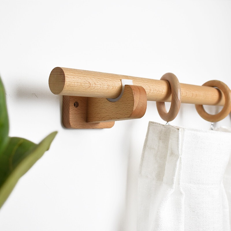 Natural Wood Style Beech Curtain Rod Roman Rod Single Rod Japanese Style Homestay Curtain Rod Door Curtain Rod Wooden Rod Punch-In Type
