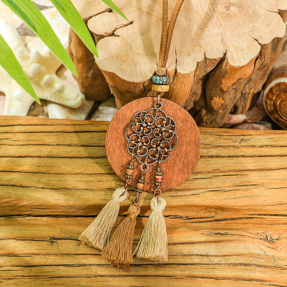 Bohemia Dream Catcher borla pendientes collar de madera estilo étnico largo borla colgante accesorios suéter cadena