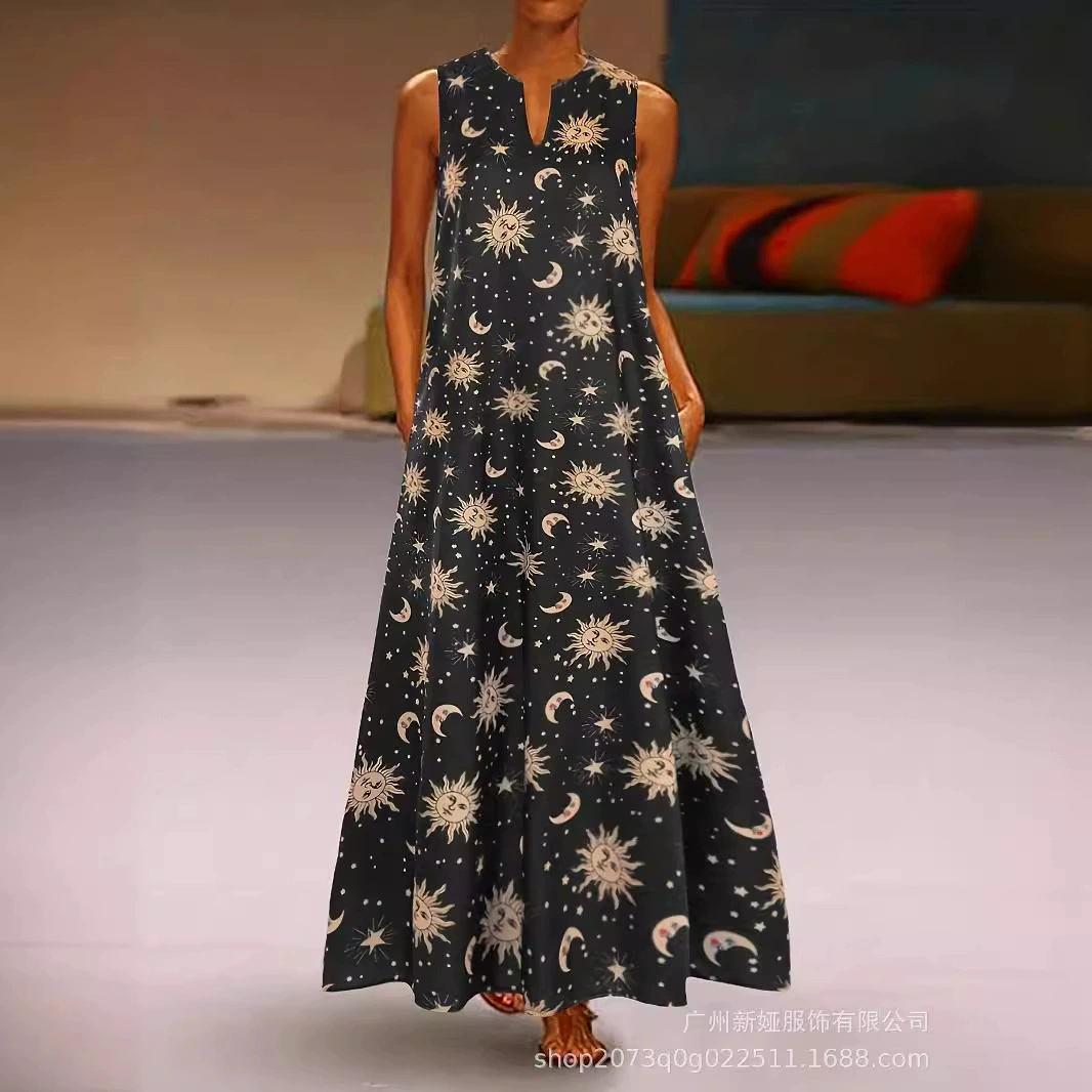 AliExpress 2024 новый стиль дамы внешней торговли ретро принт повседневное платье с V-образным вырезом без рукавов платье