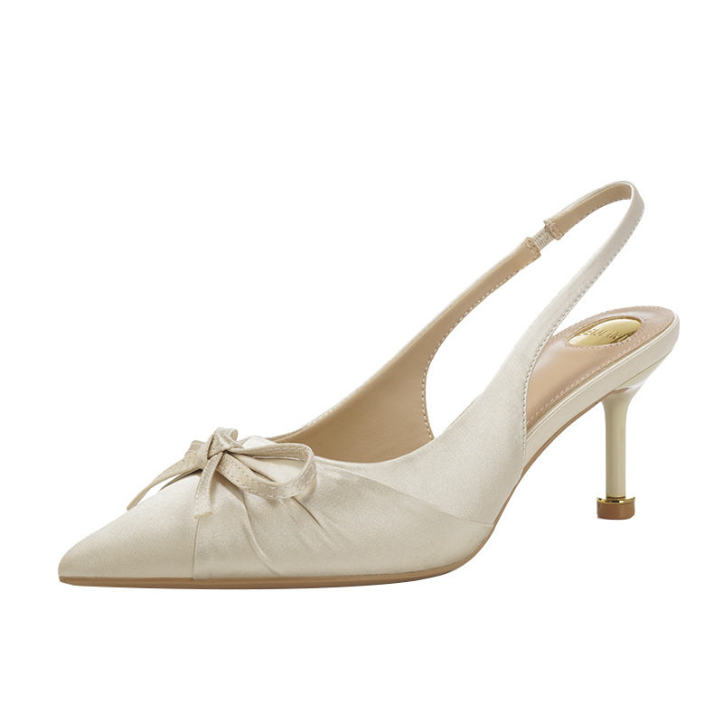 Sandal cao gót mũi nhọn bít mũi quai ngang chất liệu lụa satin, gót 6–8 cm — Màu be, Màu hồng, màu đen