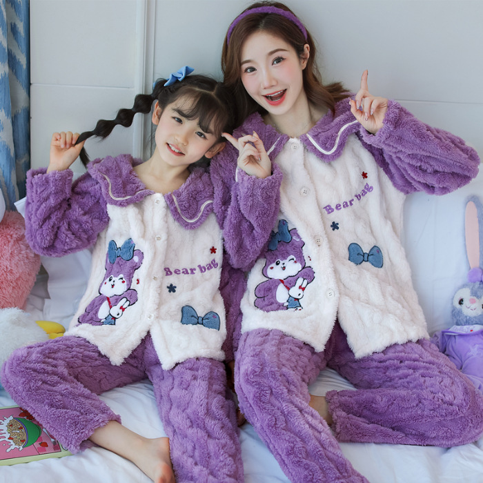 Pajamas para padres e hijos niñas de franela otoño e invierno espesar coral terciopelo dibujos animados niñas ropa para el hogar set madre e hija