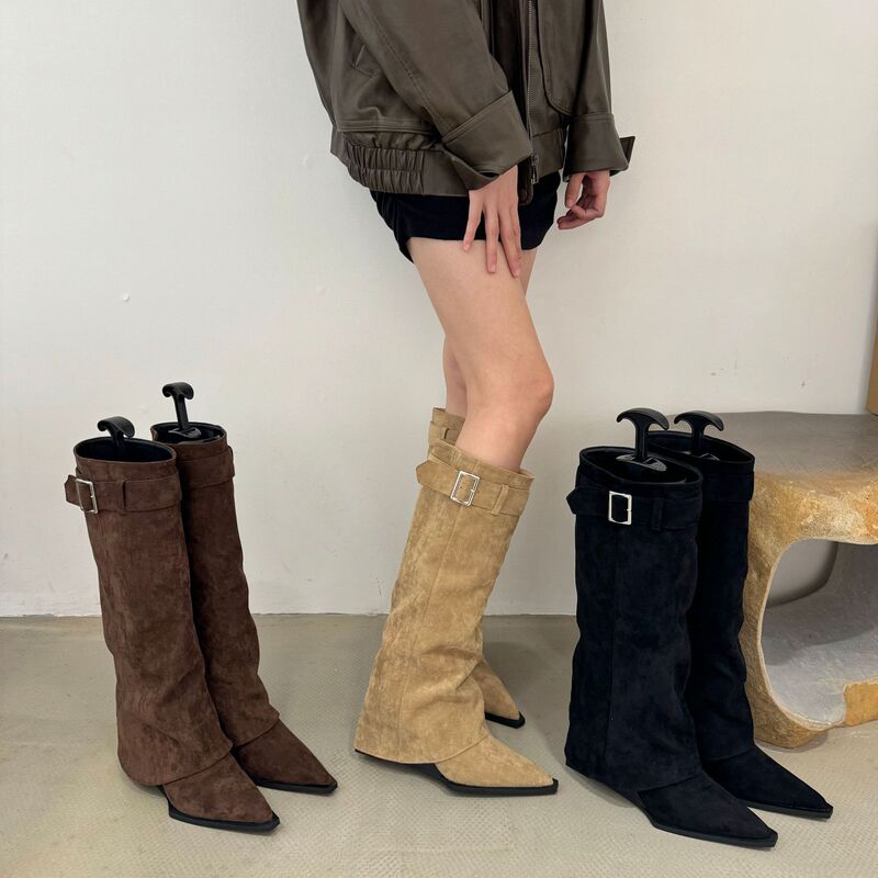 Wedge Suede Long Boots 2024 Autumn and Winter New Pointed Wedge trouser Boots Cyber Celebrity Suede All-match Knight Boots Wedge Suede Long Boots 2024 Autumn and Winter New Pointed Wedge trouser Boots Cyber Celebrity Suede All-match Knight Boots