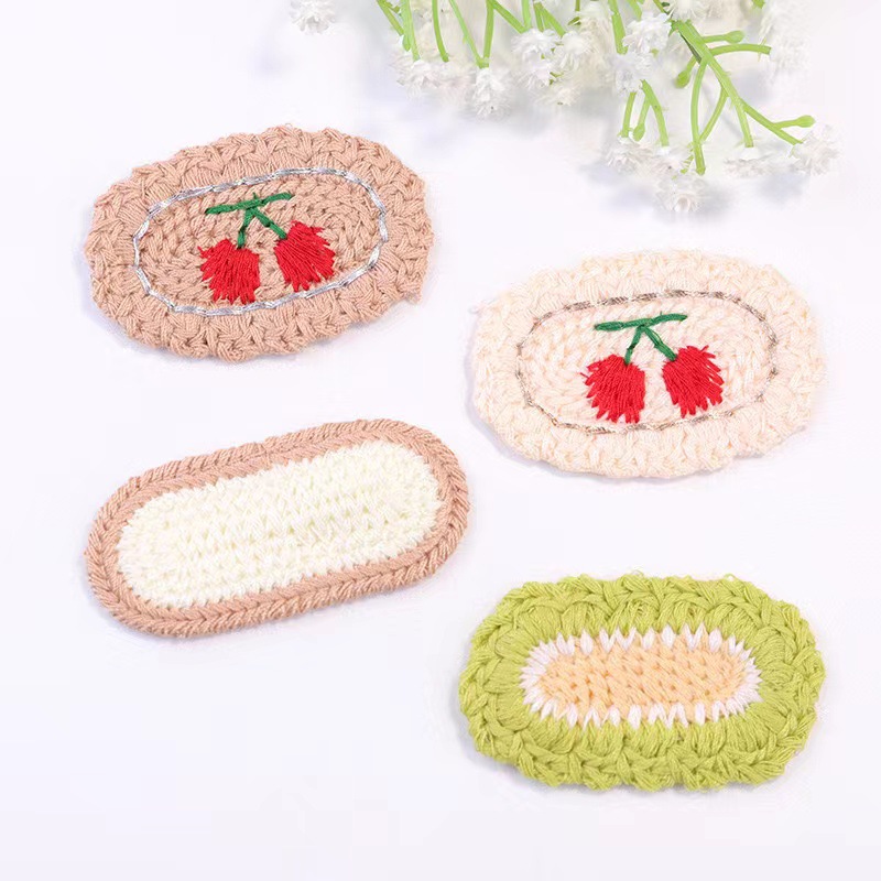 毛线针织樱桃布贴半成品韩国编织侧边夹女饰品辅料批发花边手缝