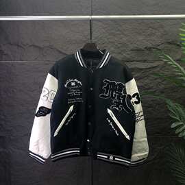 欧美潮流休闲秋冬男女款AM毛巾绣贴皮刺绣夹克外套过检版跨境欧货