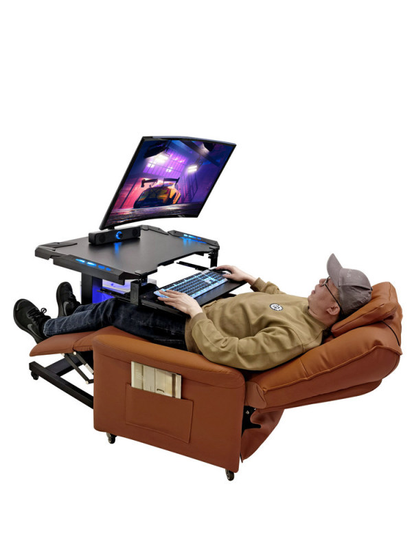 Mobile adjustable gaming desk, space capsule computer desk, adjustable height desk, pneumatic lifting mechanism, easy to move, allows for alternating between standing, sitting, and lying positions