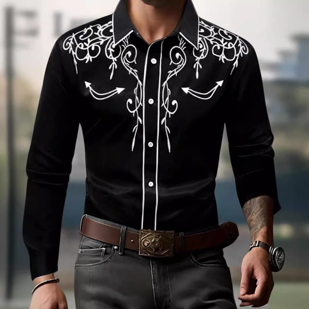 Camisa masculina bordada estilo cowboy – Camisa casual com botões | Mistura de algodão com inspiração vintage_voghion.com