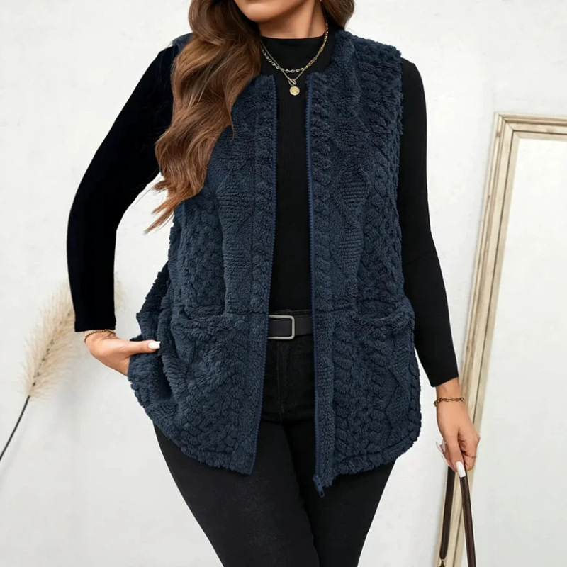 New European and American style women's casual zip-up vest, teddy bear jacket, fashionable and elegant faux fur outerwear