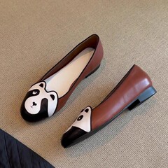 羊皮版~时尚风可爱小熊浅口单鞋女2025新款真皮圆头拼接平底单鞋
