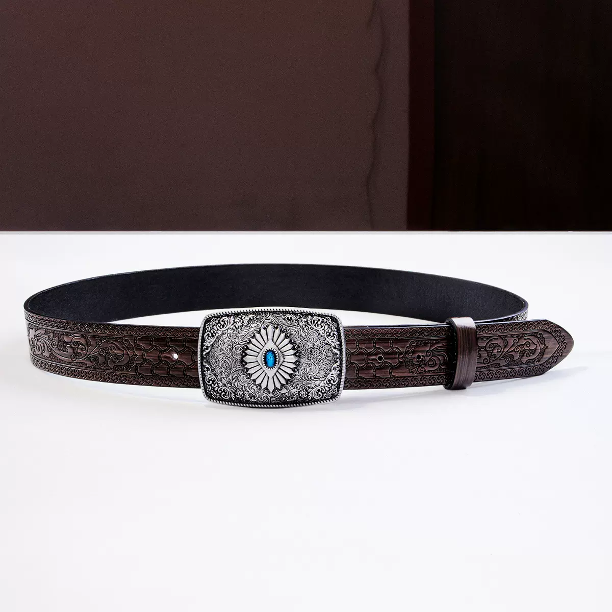 跨境民族风女士皮带宝石板扣潮流复古青年朋克PU皮革雕花女士腰带