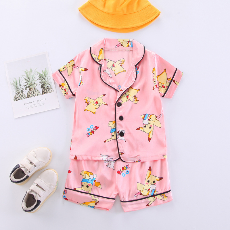 어린이 잠옷  소녀의 여름 옷 1-2-3-4-5 세 소년 짧은 소매 세트 아이스 실크 홈 옷 에어컨 옷