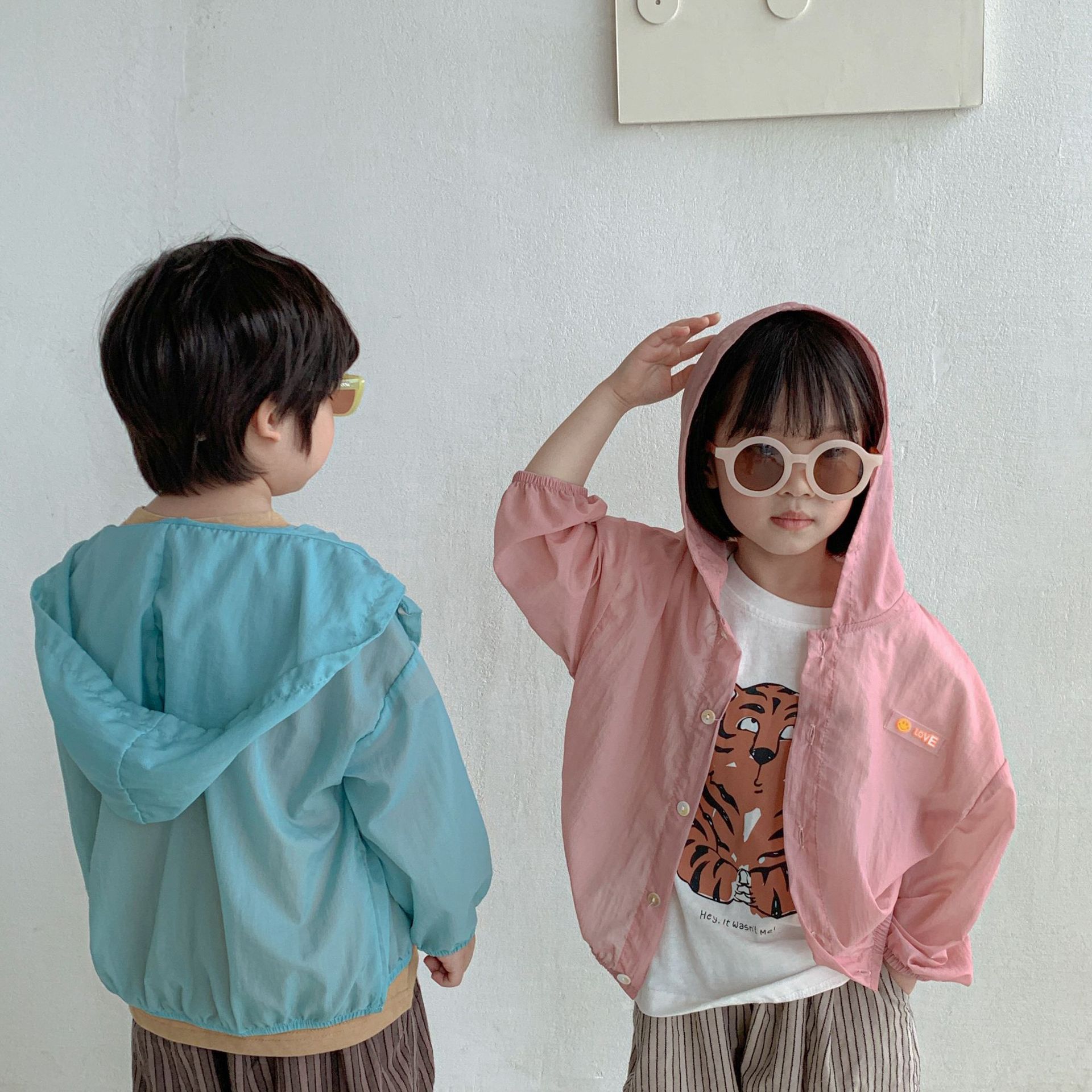 (2개) 한국 어린이 의류 어린이 선 스크린 옷 여름 통기성 야외 스포츠 경량 재킷 소년 소녀 후드