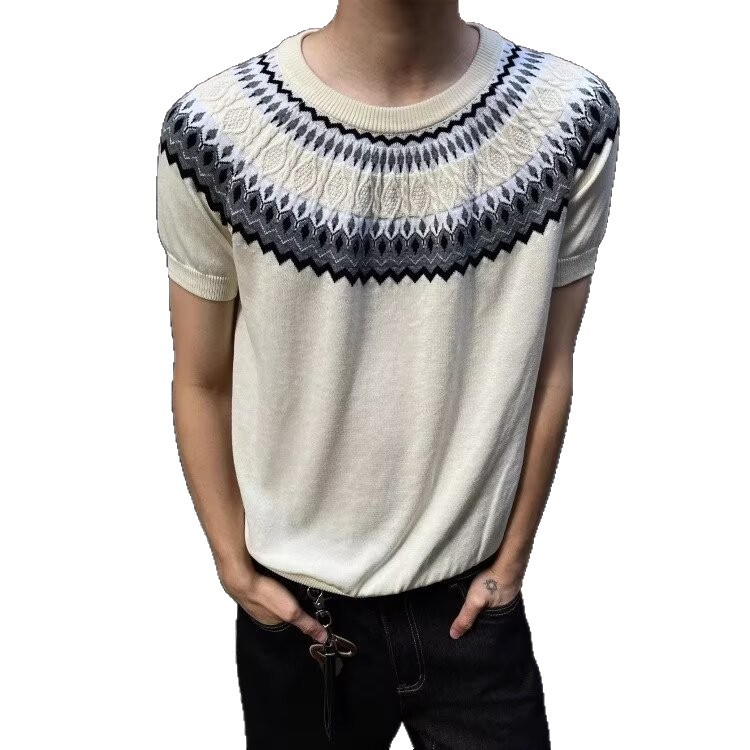 Isla de Fair camiseta de punto de manga corta camiseta de cuello redondo jacquard hombre viejo estilo casual hielo de verano fábrica transfronteriza mayorista