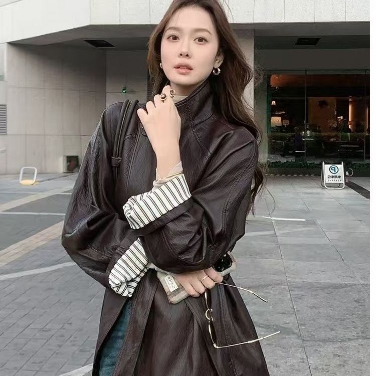 Retro Fashion Leather Jacket with Lace-Up Waist and Slimming Look Classy Women's Autumn and Winter Elegant Mid-Length Over-The-Knee Pu Windbreaker Jacket