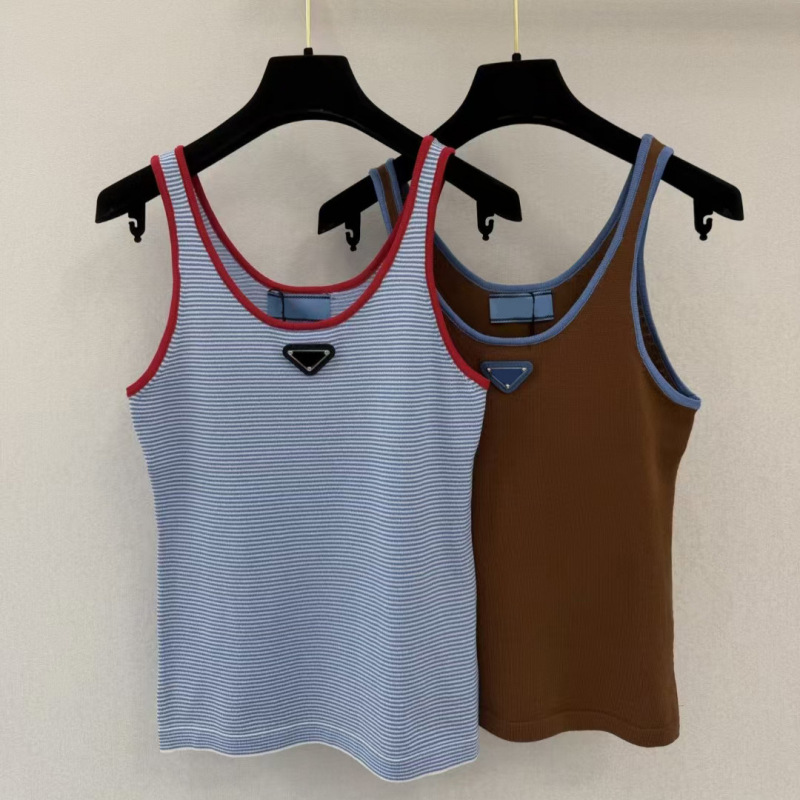 High-Quality P Brand Knitted Vest with Wide Striped Shoulder Straps, Comfortable, Breathable, Versatile Sleeveless Top