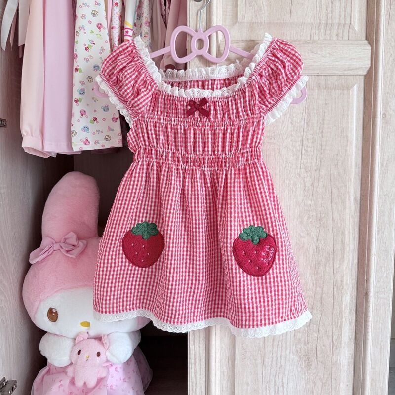 Japanese-style red and white plaid strawberry suspender dress for women, with puff sleeves, off-shoulder, waist-cinching, cute soft girl doll dress for summer Japanese-style red and white plaid strawberry suspender dress for women, with puff sleeves, off-shoulder, waist-cinching, cute soft girl doll dress for summer