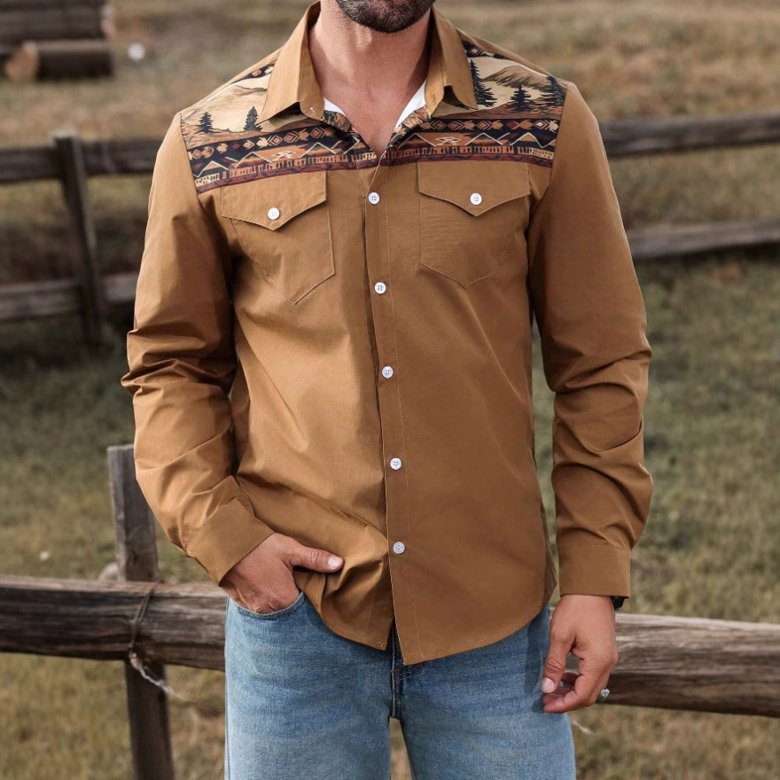 2025 трансграничные весенне-осенние мужские рубашки в европейском и американском стиле, рубашки с длинными рукавами и двумя карманами в этническом стиле в стиле ретро