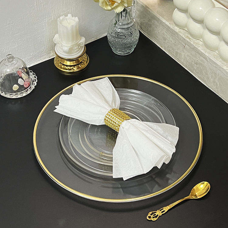 13 pulgadas acrílico transparente cargador de bordes de oro plano boda navidad baby shower party decoración plástica