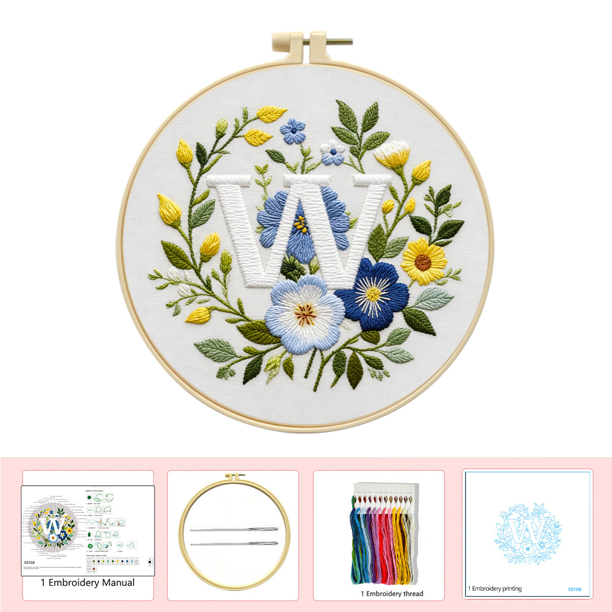 Hecho a mano flores y plantas europeas bordadas paquetes de materialdiy inglés 26 letras simple principiante nivel de bordado al por mayor