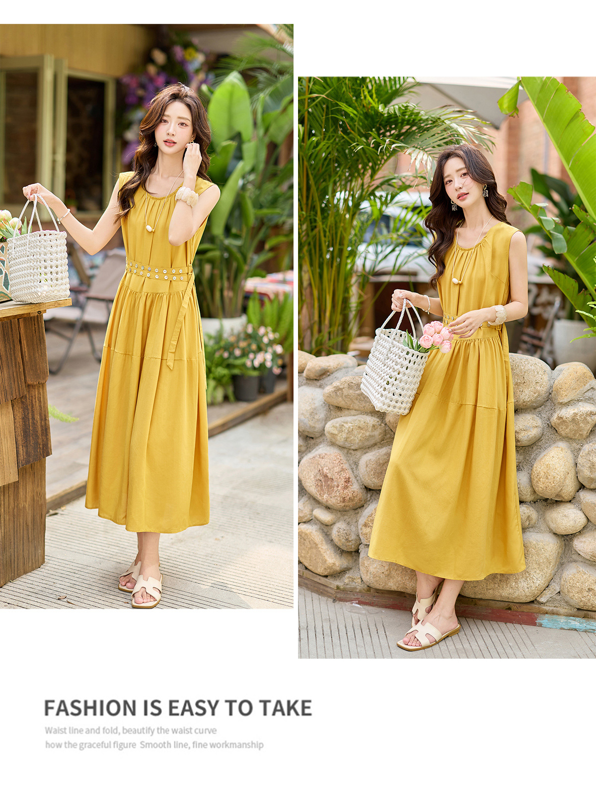 Đầm suông nữ midi không tay dáng rộng dài quá gối MJ5611 — màu trắng, xanh lá cây, màu vàng chi tiết 15