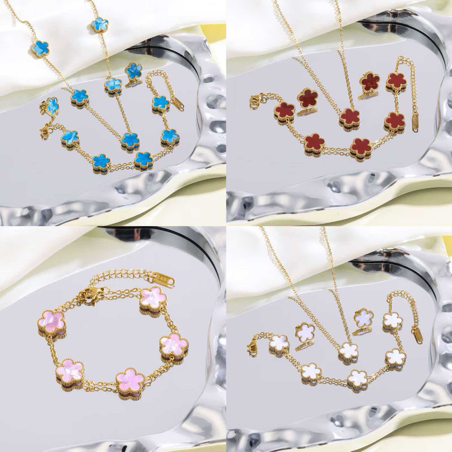 Five-leaf clover stainless steel jewelry set, simple and stylish five-leaf flower bracelet, necklace, and earring set, jewelry that does not fade