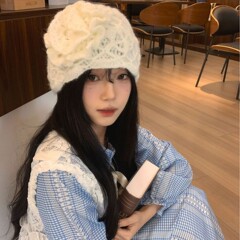 秋冬马海毛针织手钩花朵毛线帽子女民族风镂空文艺包头帽保暖冷帽