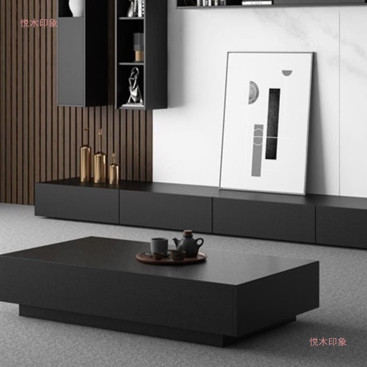 Tv Cabinet Furniture Home Italian Minimalist Modern Black Wooden Small Apartment Coffee Table Tv Cabinet Floor Cabinet Combination