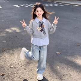【未改】女童春秋套装学院风甜美卡通长袖卫衣时尚休闲牛仔裤套装