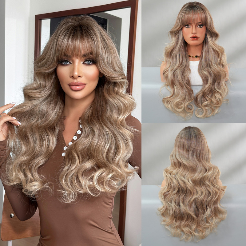 New European and American popular wig natural simulation scalp head brown gold highlights long hair neat bangs chemical fiber headgear