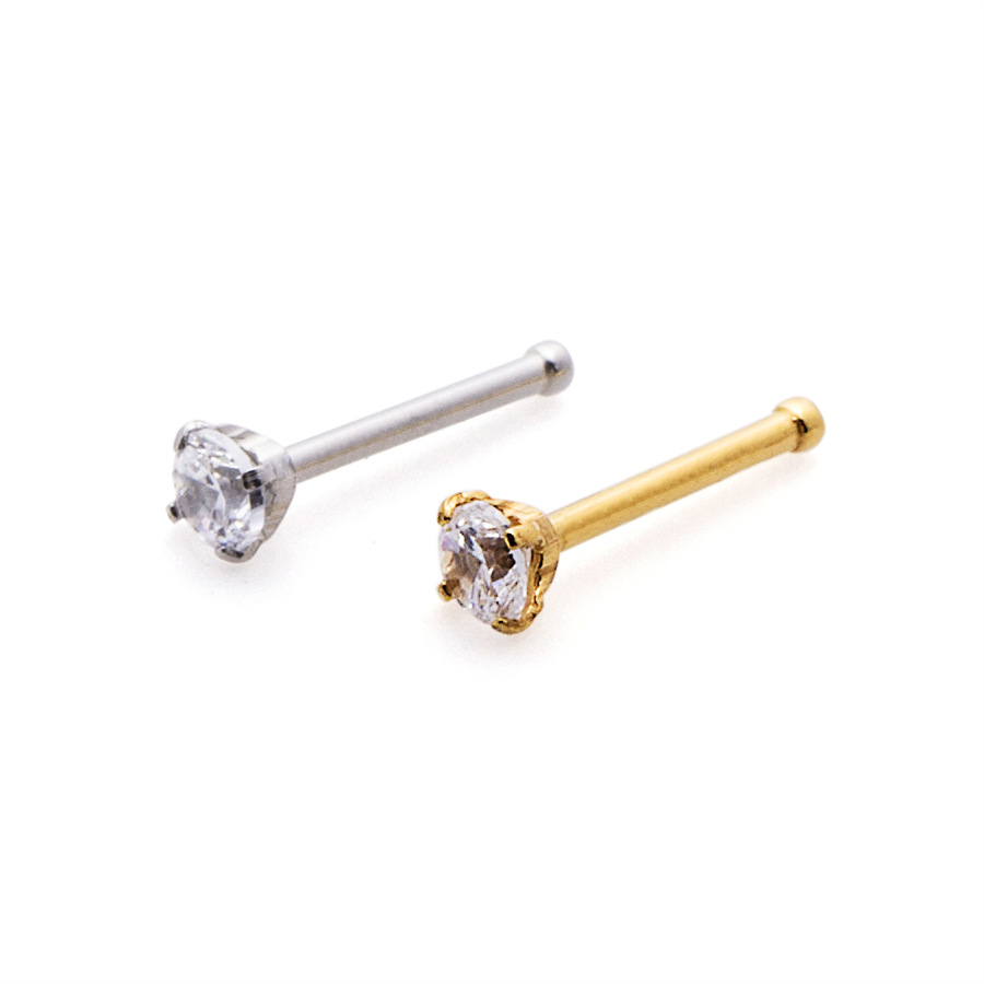 Piercing para nariz redondo con incrustaciones de circonita y varilla recta de acero inoxidable 316L de 0,8 mm, disponible en stock._voghion.com