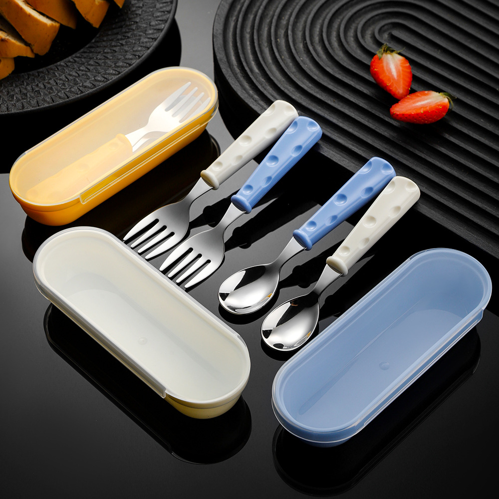 Cross-Border 304 Stainless Steel Kidsren's Spoon and Fork Baby Food Supplement Training Spoon and Fork Three-Piece Set Mother and Baby Gift Spoon and Fork Set