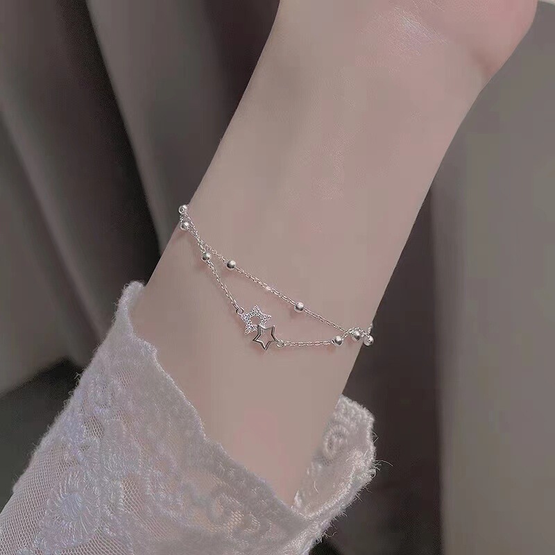 925 Silver Plated Double-layer Five-pointed Star Bracelet Women's Light Luxury Niche Design Exquisite Bracelet Autumn Ins Style Girlfriend Bracelet 925 Silver Plated Double-layer Five-pointed Star Bracelet Women's Light Luxury Niche Design Exquisite Bracelet Autumn Ins Style Girlfriend Bracelet