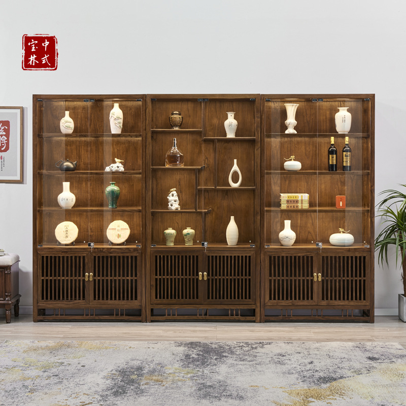 新中式玻璃柜博古架禅意书架实木茶叶柜置物架古董架老榆木多宝阁