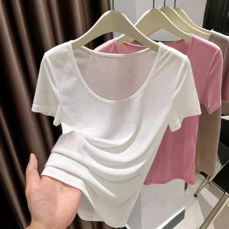 Modal All-match White Low Collar Shoulder Short-sleeved T-shirt Women's Summer Skin Top Thin Inner Base Shirt