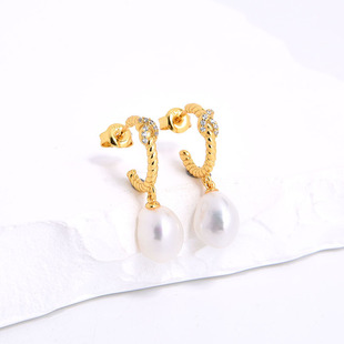 S925 silver gold-plated French light luxury high quality natural pearl braided thread niche fedoma pearl earrings for women