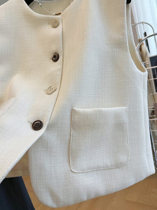 Áo vest nữ không tay dáng gile cổ tròn phối lớp phong cách Pháp — đen, Màu trắng nhạt chi tiết 7