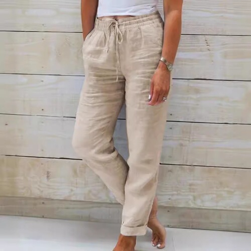 Europe and America cross-border new foreign trade Amazon wish women's high-waist elastic waist pure color cotton linen casual pants