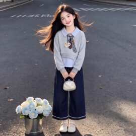 春秋季俏皮女童假两件翻领活力卫衣时尚休闲百搭牛仔阔腿裤套装潮