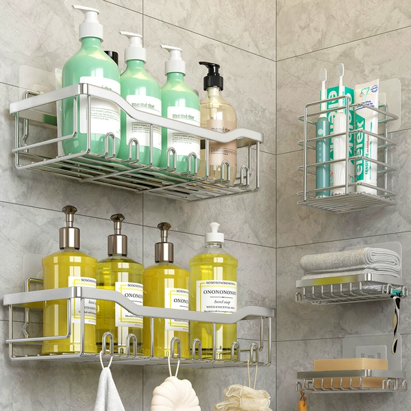 5-piece set of large and small bathroom shelves + 2 soap holders + 1 toothbrush holder (304 natural color boxed)