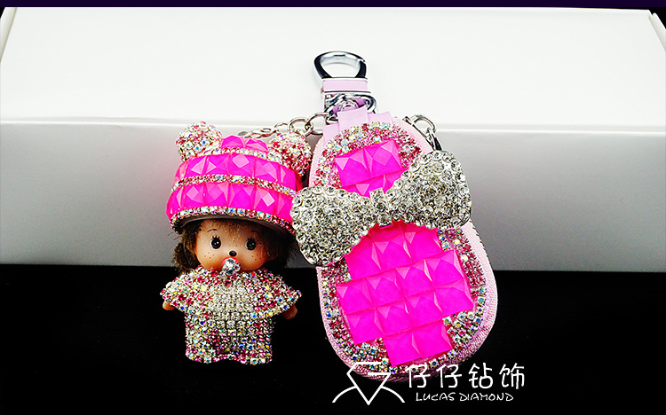 Diamond-embedded monqi car car key case cute creative car cartoon universal key case car key case
